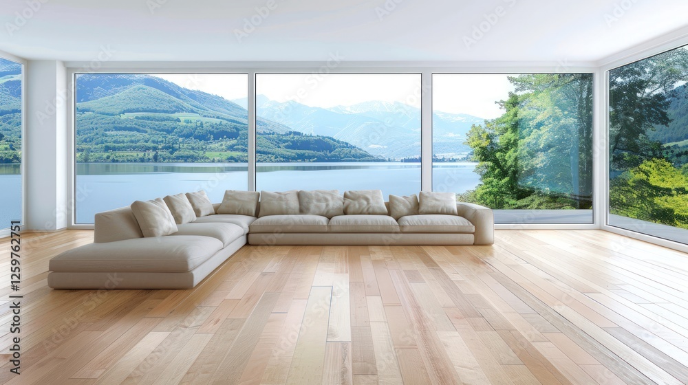Fototapeta premium Modern Living Room with Breathtaking Lake and Mountain View