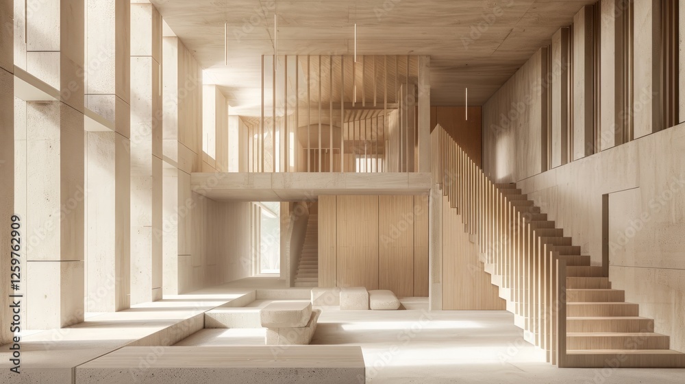 Fototapeta premium Modern Minimalist Architecture: A Serene Wooden Structure with Concrete Accents