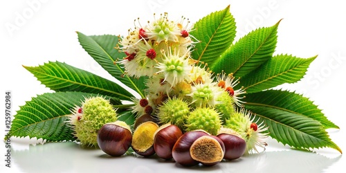 Close-up of a buckeye flower, fruit, and leaf, outlined in black.