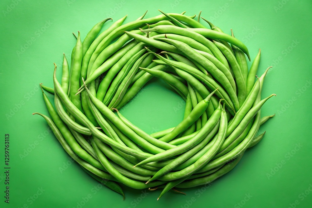 Close-up shot of a green bean circle against a vibrant green backdrop. High-resolution detail. Close-up shot of a green bean circle against a vibrant green backdrop. High-resolution detail.