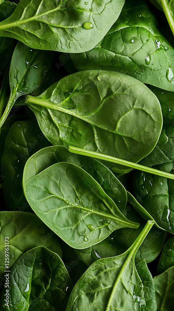 Fototapeta premium Green baby spinach leaves with water drops background. Fresh green backdrop. AI illustration