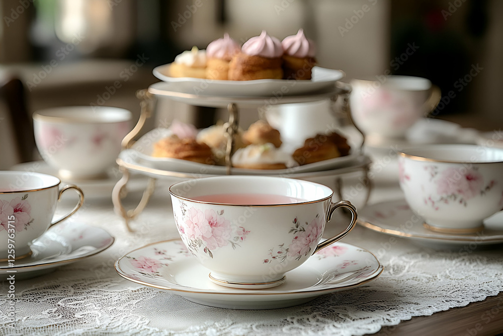 Fototapeta premium Elegant Floral Tea Set With Desserts On A Wooden Table