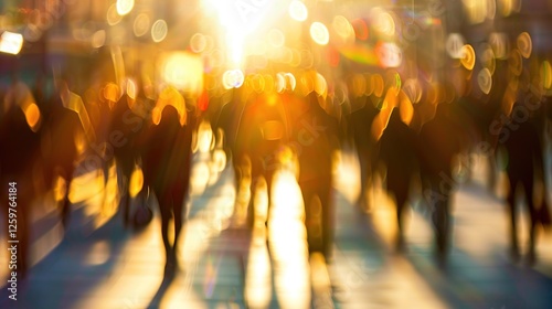 Fototapeta Naklejka Na Ścianę i Meble -  Golden hour city walk with blurred crowd, warm sunlight, urban life, busy streets, soft focus, dreamy atmosphere, evening glow