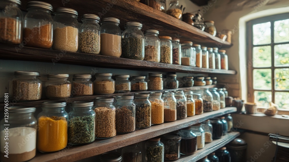 A rustic pantry filled with jars of various spices, grains, and ingredients for cooking. A rustic pantry filled with jars of various spices, grains, and ingredients for cooking.