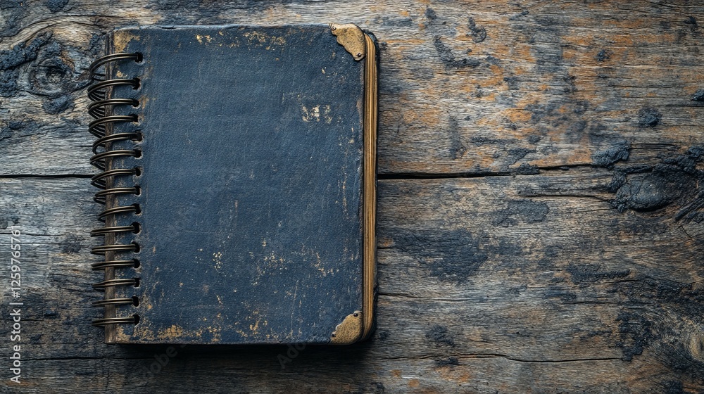 Spiral-bound recipe book placed flat on a textured wooden surface Spiral-bound recipe book placed flat on a textured wooden surface