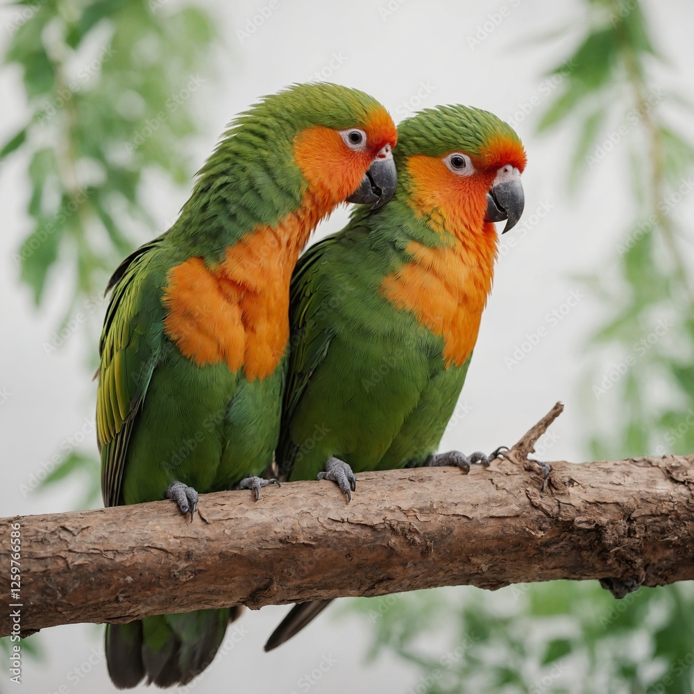 Fototapeta premium A pair of lovebirds sitting close together, vibrant green and orange feathers, pure white background.