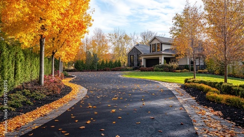 Fototapeta Naklejka Na Ścianę i Meble -  Autumnal driveway leads to house, fall leaves