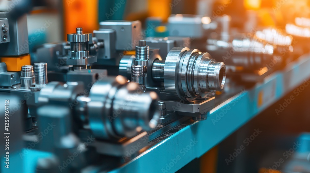 Close-up of precision metal machinery in a modern manufacturing plant, showcasing advanced industrial technology and engineering. Close-up of precision metal machinery in a modern manufacturing plant, showcasing advanced industrial technology and engineering.