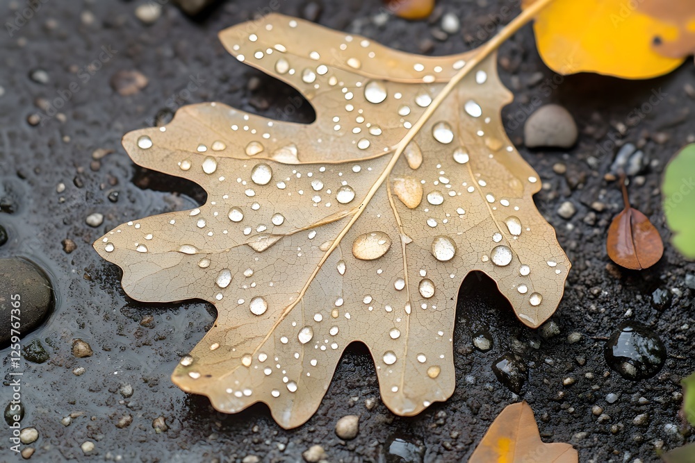 Dew-kissed oak leaf on wet ground, autumn Dew-kissed oak leaf on wet ground, autumn