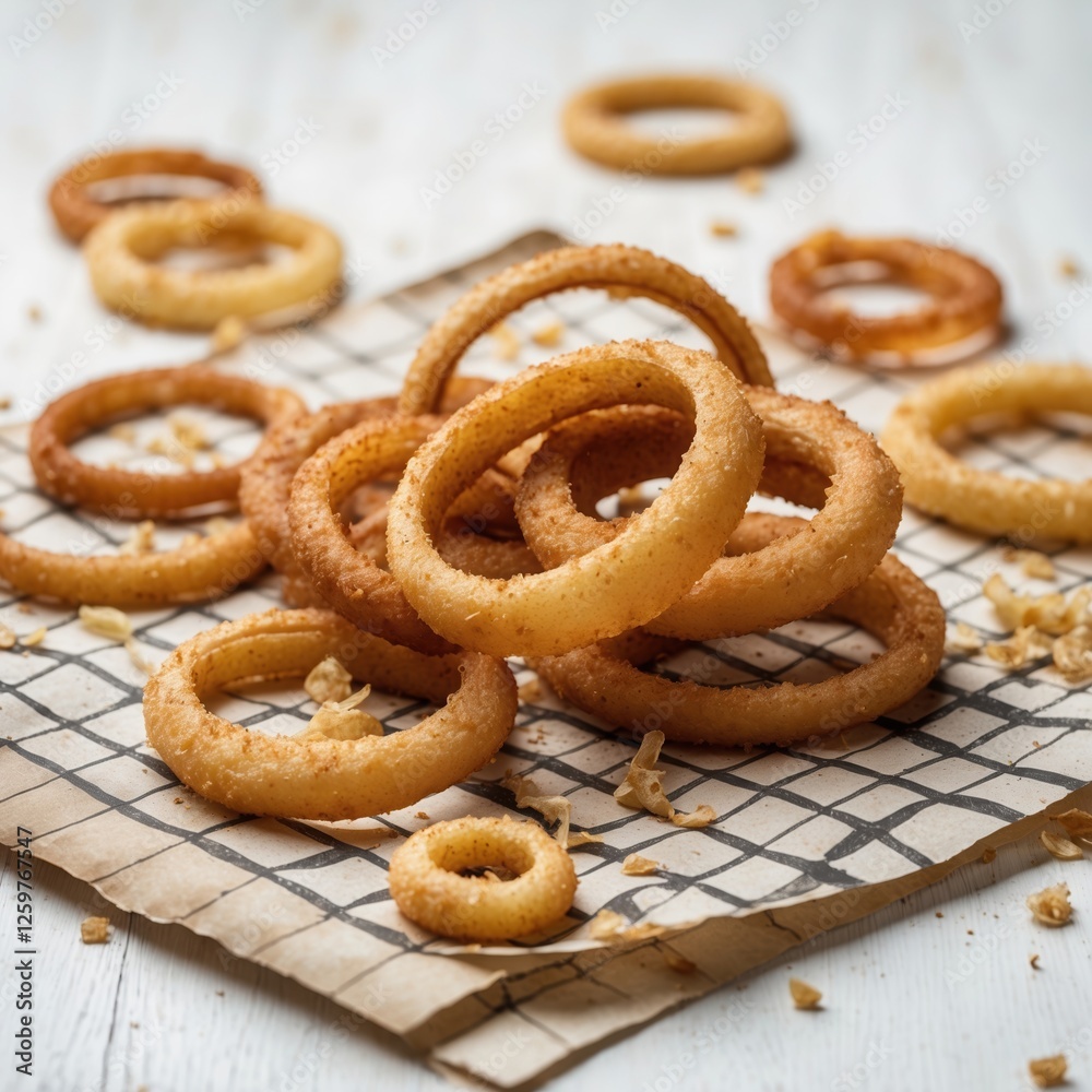 Golden onion rings on rustic paper, inviting snack scene Golden onion rings on rustic paper, inviting snack scene