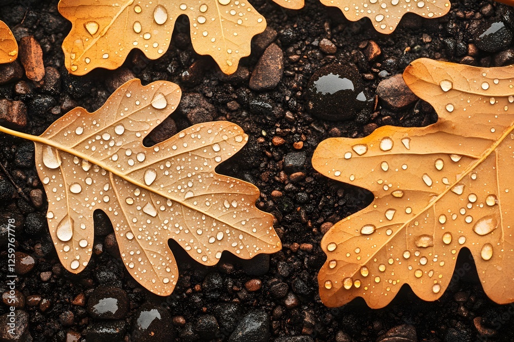 Dew-kissed autumn oak leaves on gravel; fall background Dew-kissed autumn oak leaves on gravel; fall background