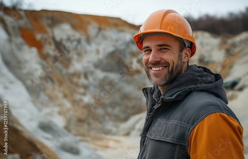 A content surveying engineer wearing a hard helmet at an open mine at a sand quarry