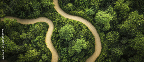 Aerial view of lush bamboo forest with winding paths through greenery, creating serene and tranquil atmosphere. Nature beauty is highlighted in this vibrant landscape
