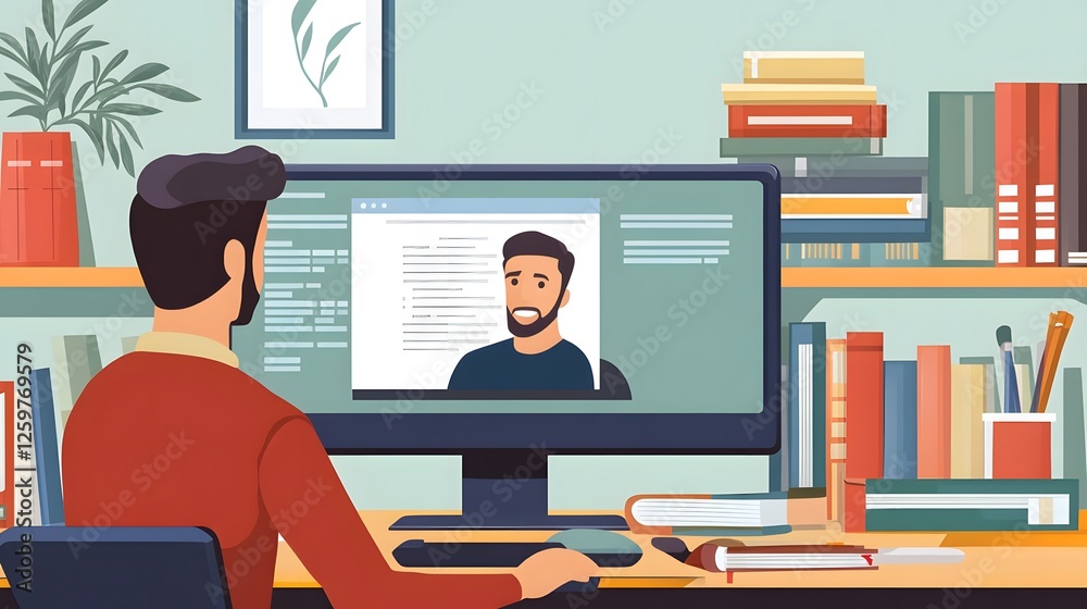Man attends virtual meeting on his computer in a home office