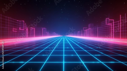 Neon grid glowing neon lines with city shape 