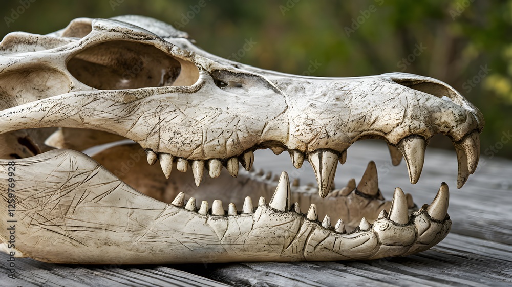 Fototapeta premium Close-Up of a Crocodile Skull Showcasing Jagged Teeth and Textured Surface