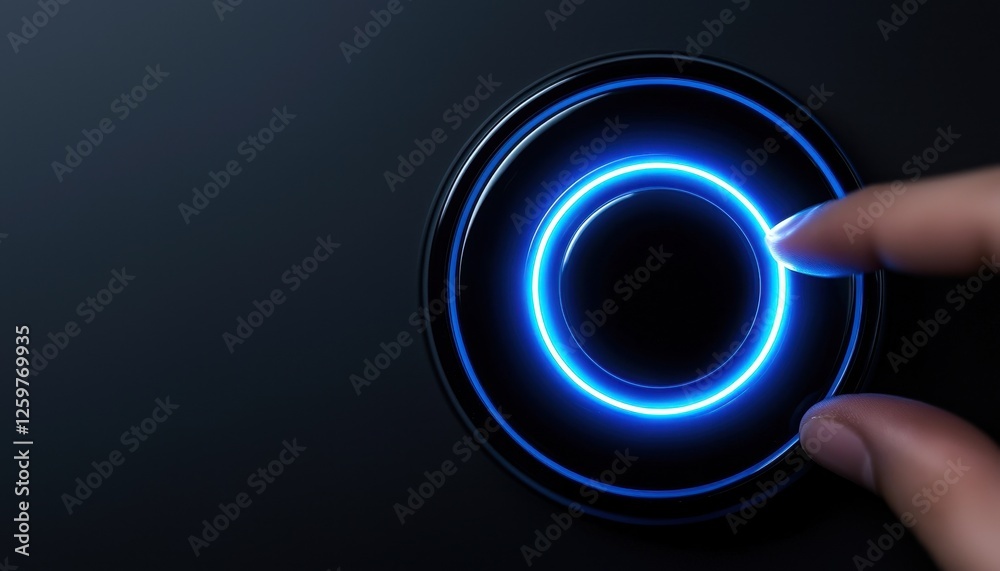 Close-up of a futuristic control knob with blue glowing ring and finger interaction. Close-up of a futuristic control knob with blue glowing ring and finger interaction.