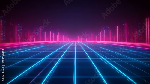 Neon grid glowing neon lines with city shape 