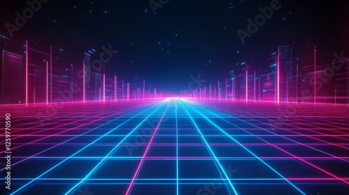 Neon grid glowing neon lines with city shape 