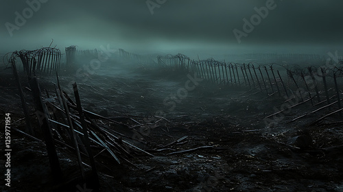Dark Cityscape at Night: Ruined Urban Landscape in Mist