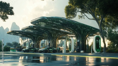 Futuristic Electric Vehicle Charging Station with Bio Integrated Canopy and Cars photo