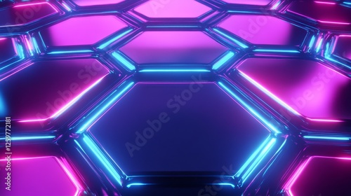 Seamless futuristic hexagonal texture with glowing neon blue and pink edges, perfect for VR backgrounds, 