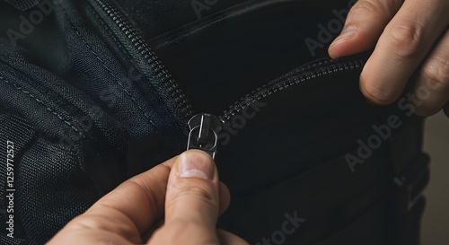 A hand unzipping a black backpack, close up. The metal zipper glides smoothly along the fabric track. The teeth separate, revealing the bags contents. photo