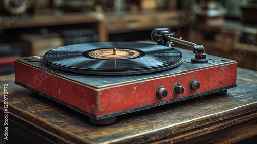 Vintage turntable playing vinyl record in antique shop