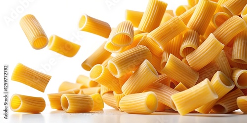 Uncooked rigatoni pasta, close-up, falling against a white backdrop.