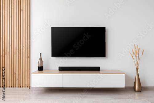 modern living room with tv and sound bar mockup. Home entertainment system mockup. Tech, visual, audio entertainment. Stylish interior design, 300dpi, 3d