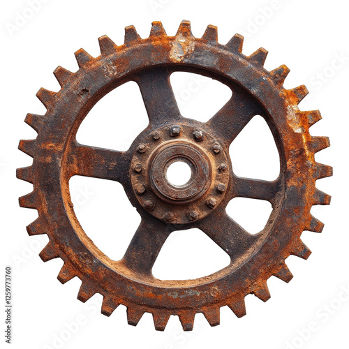 Rusty old cog wheel displayed against a Transparent background showcasing intricate gear design and weathered surface, Rusty old cog wheel isolated on