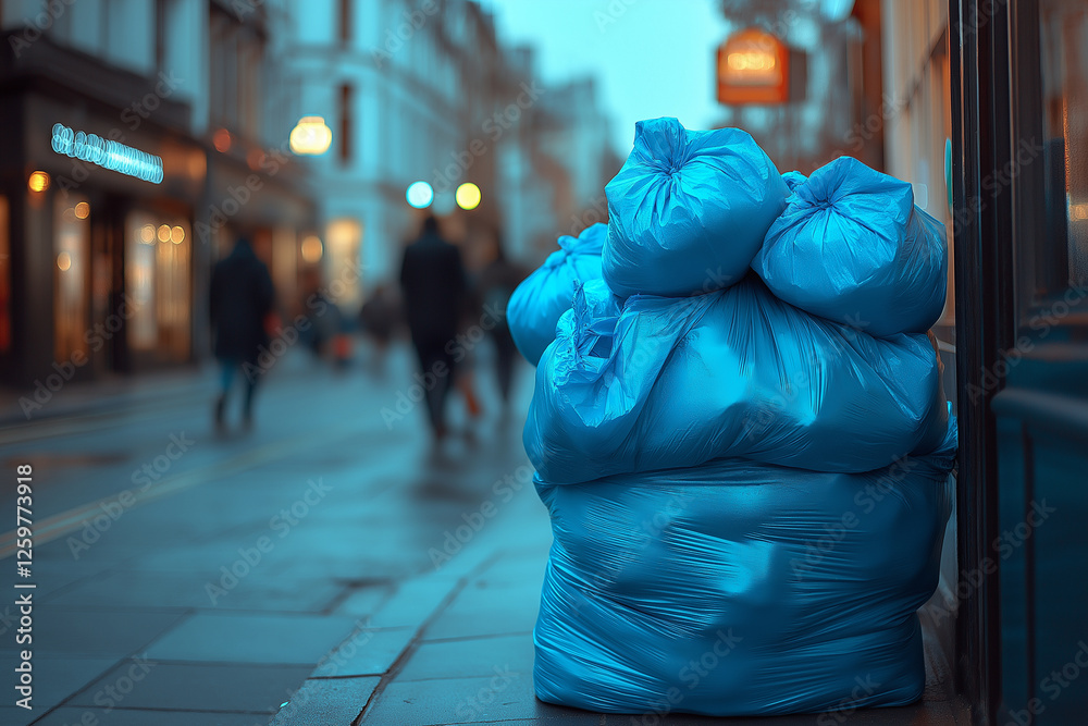 Obraz premium A stack of blue garbage bags on the sidewalk in London, street photography, people walking by, evening light, low-angle shot, blurred background, urban sett