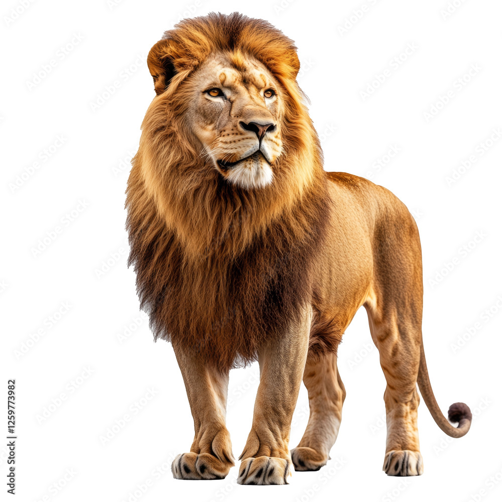 Fototapeta premium adult formidable lion in full growth looks away, isolate on white transparent background