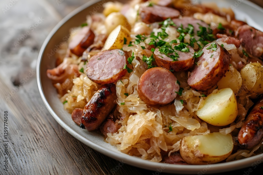 Alsatian choucroute garnie with sauerkraut, sausages, pork, and potatoes on modern plate Alsatian choucroute garnie with sauerkraut, sausages, pork, and potatoes on modern plate