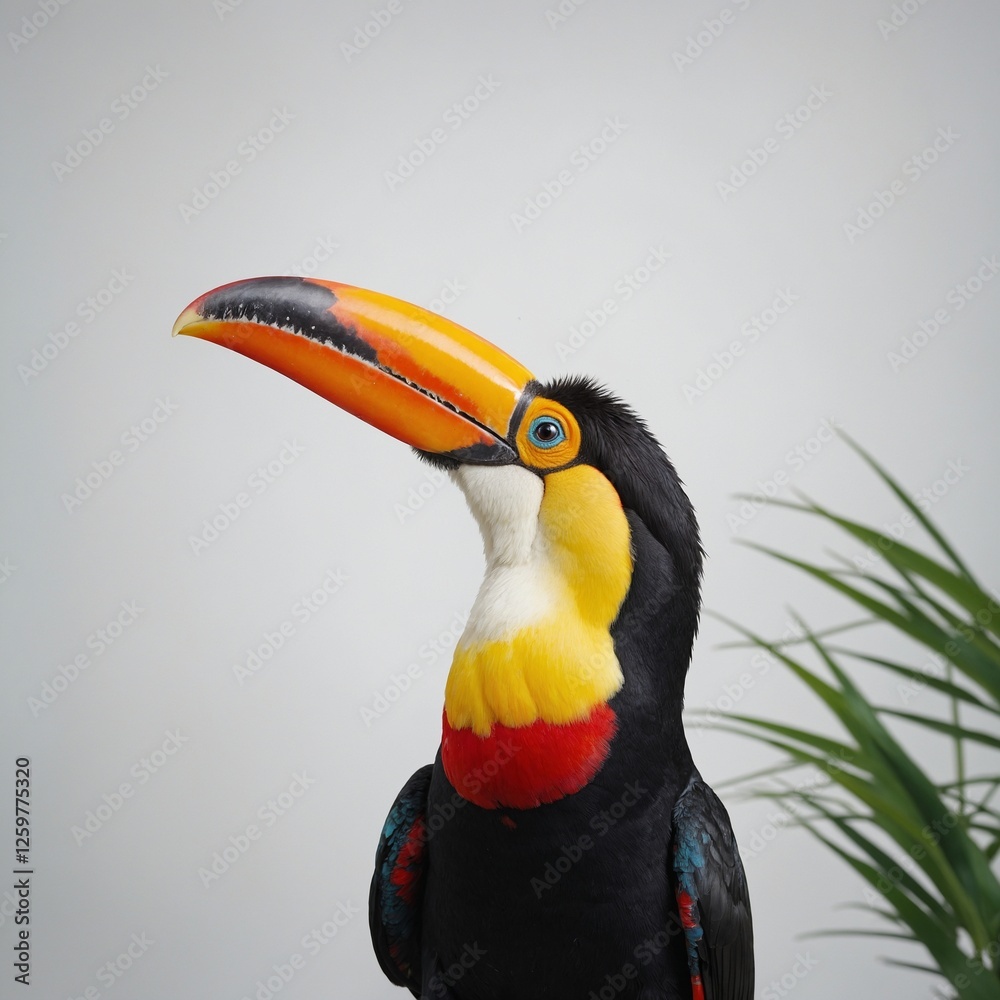 Obraz premium A colorful toucan with a large beak, pure white background.