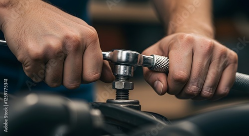 A person gripping a wrench to tighten a bolt, close up. The textured handle provides a firm grip as pressure is applied. The bolt slowly turns into place. photo