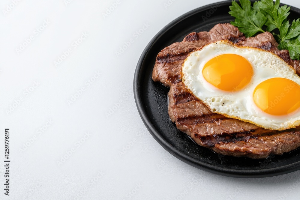 Delicious steak and fried eggs presented on a black plate with fresh garnish. Delicious steak and fried eggs presented on a black plate with fresh garnish.