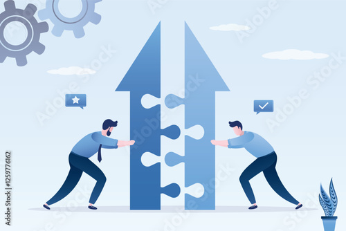 Two confident businessmen merging arrows together. B2b, smart entrepreneurs push parts of arrow, collaboration, business connection for new project or increase earnings.