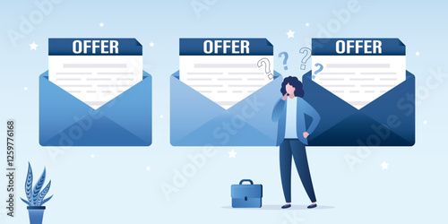 Businesswoman standing in front of envelopes with paper sheets, new job conditions, woman thinking to accept job offer email. Offer or job opportunity to be promoted