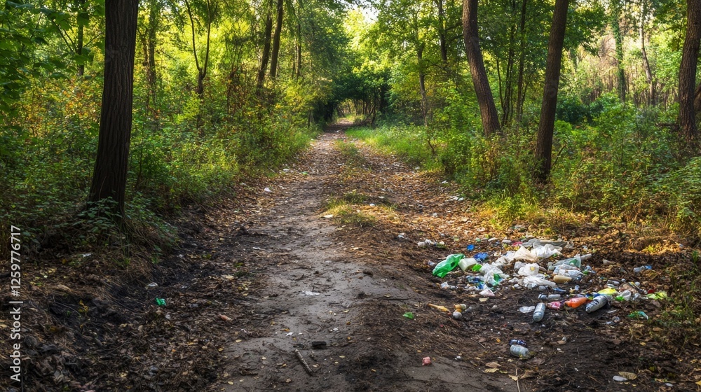 Fototapeta premium Forest Path Littered with Trash - Environmental Damage