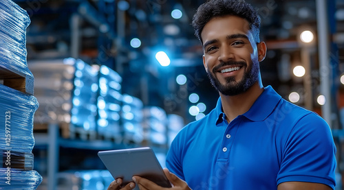 Portrait of a smiling, handsome dark-skinned warehouse worker in a blue polo shirt, holding a tablet computer and standing in the goods storage area, looking at the camera. An Indi photo