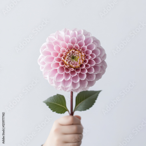 beautiful pink dahlia flower held against white background, showcasing its intricate petals and vibrant color. This evokes sense of calm and appreciation for nature beauty