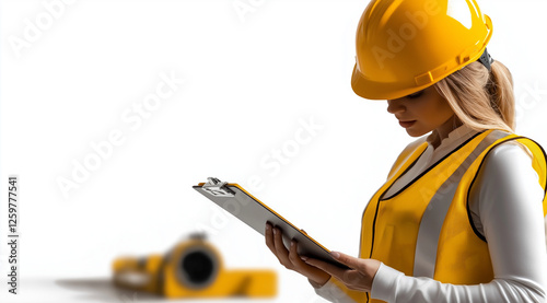 Portrait of a beautiful woman wearing a yellow helmet and safety vest, holding a clipboard against a white background. The close-up shot provides ample copy space.  photo