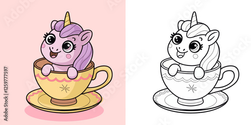 Cute unicorn sits happily inside a teacup