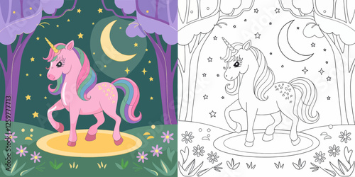Cute Unicorn Coloring Page at Night