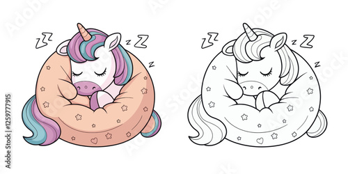 Cute Sleeping Unicorn in a Cozy Bean Bag, Coloring Page