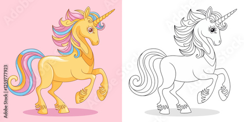A vibrant, cartoon unicorn in a playful pose, presented in both colored and black and white versions.