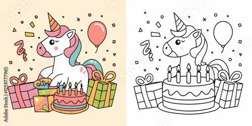 Cute Unicorn Celebrates Birthday with Coloring Page