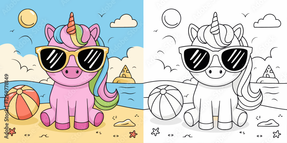 Naklejka premium Cute Unicorn with Sunglasses on the Beach - Coloring Page
