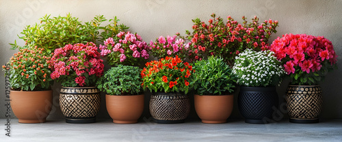 Colorful Potted Plants Arrangement On Light Gray Background